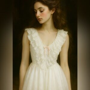 Vintage Cinema Etoile‎ Lingerie Nightie Size L White Satin Ruffle Lace Coquette